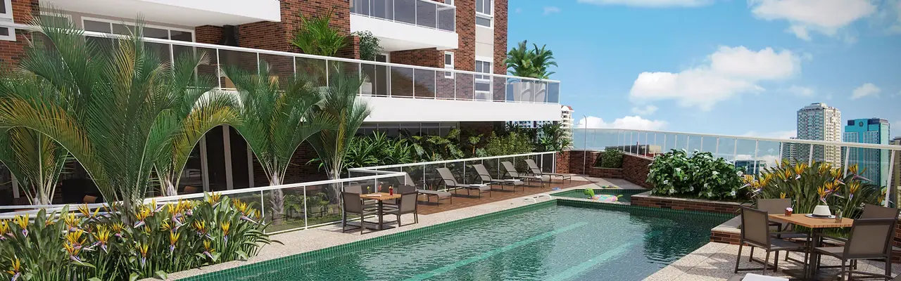 Bonjour Alto de Pinheiros: Piscina com o edifício ao fundo · perspectiva ilustrada