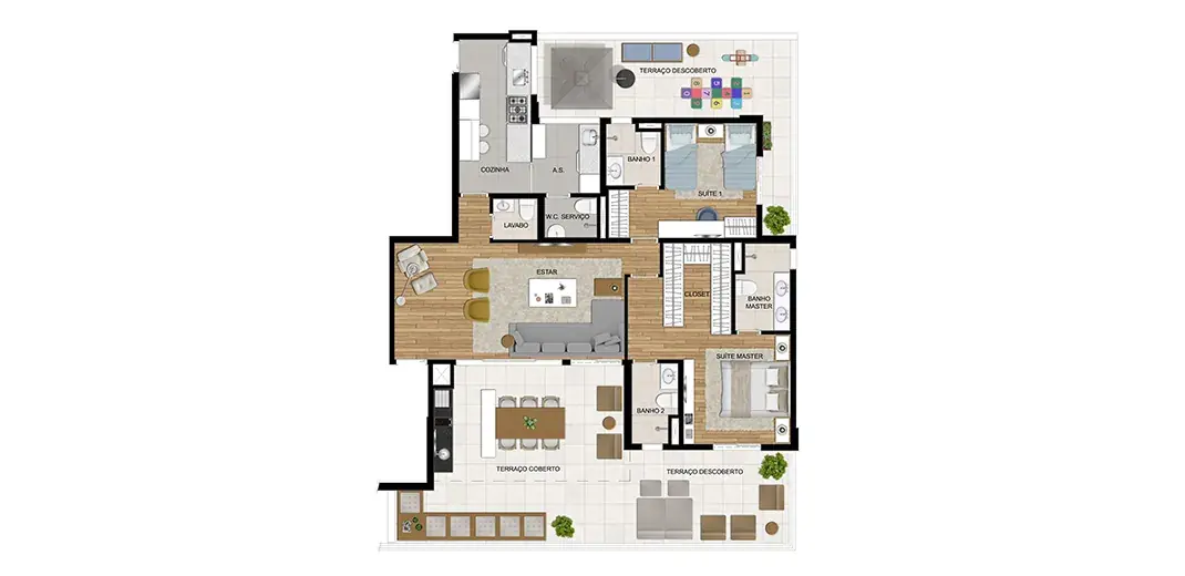 Planta Garden 168 m² · 3 suítes do Bonjour Alto de Pinheiros