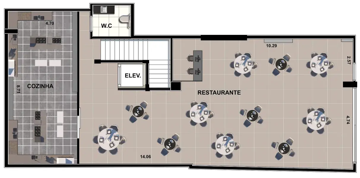 Planta Planta humanizada com sugestão de uso como restaurante e cozinha do Boulevard Arouche Comercial