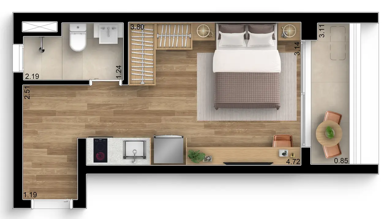 Planta Studio 27,98 m² do Boulevard Brooklin