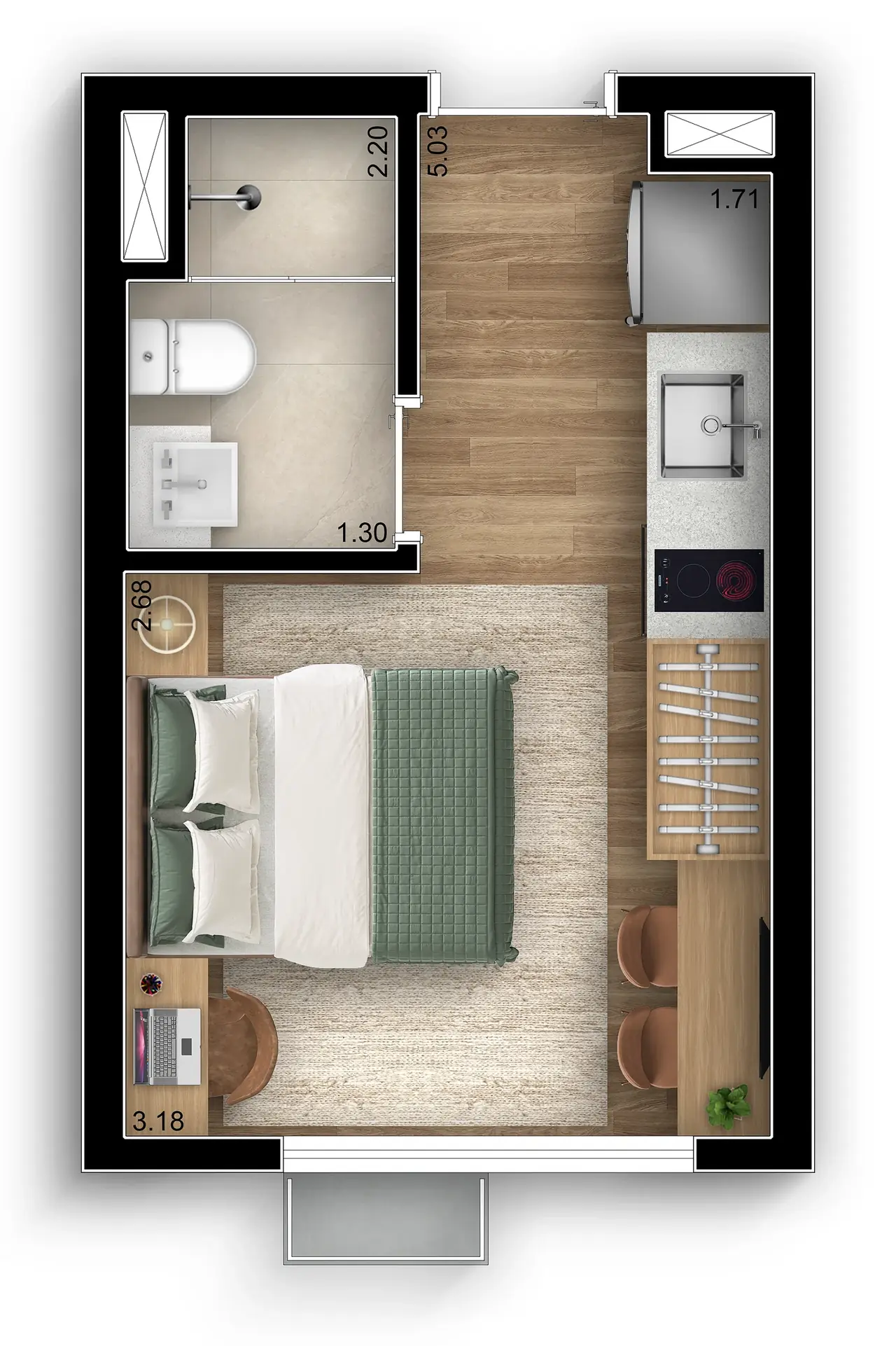 Planta Studio 17 m² do Boulevard Praça da Árvore