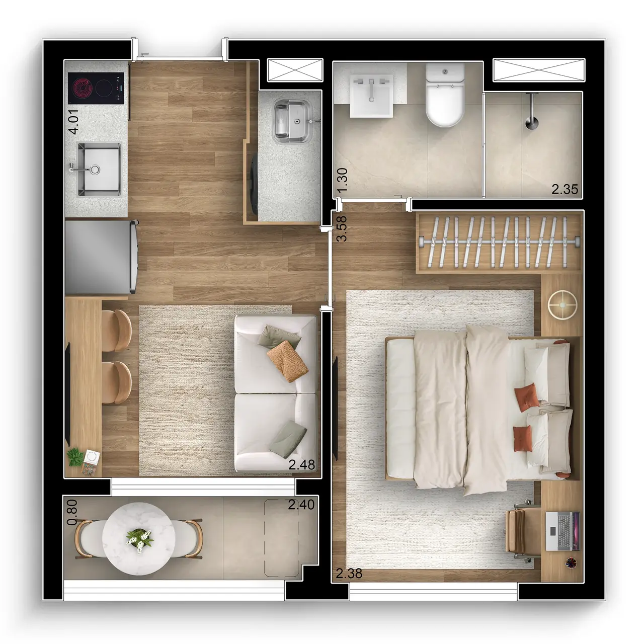 Planta 1 Dorm 27 m² do Boulevard Praça da Árvore