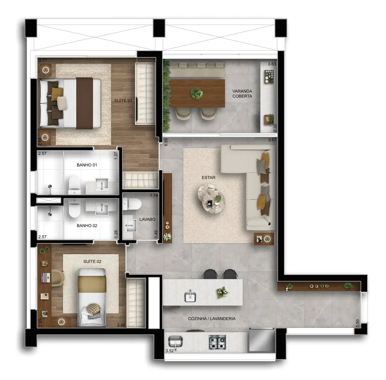 Planta 80 m² · 2 suítes do Hive Ibirapuera
