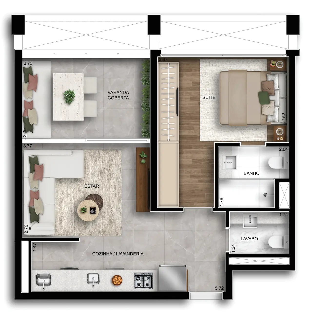 Planta 57 m² · 1 suíte do Hive Ibirapuera