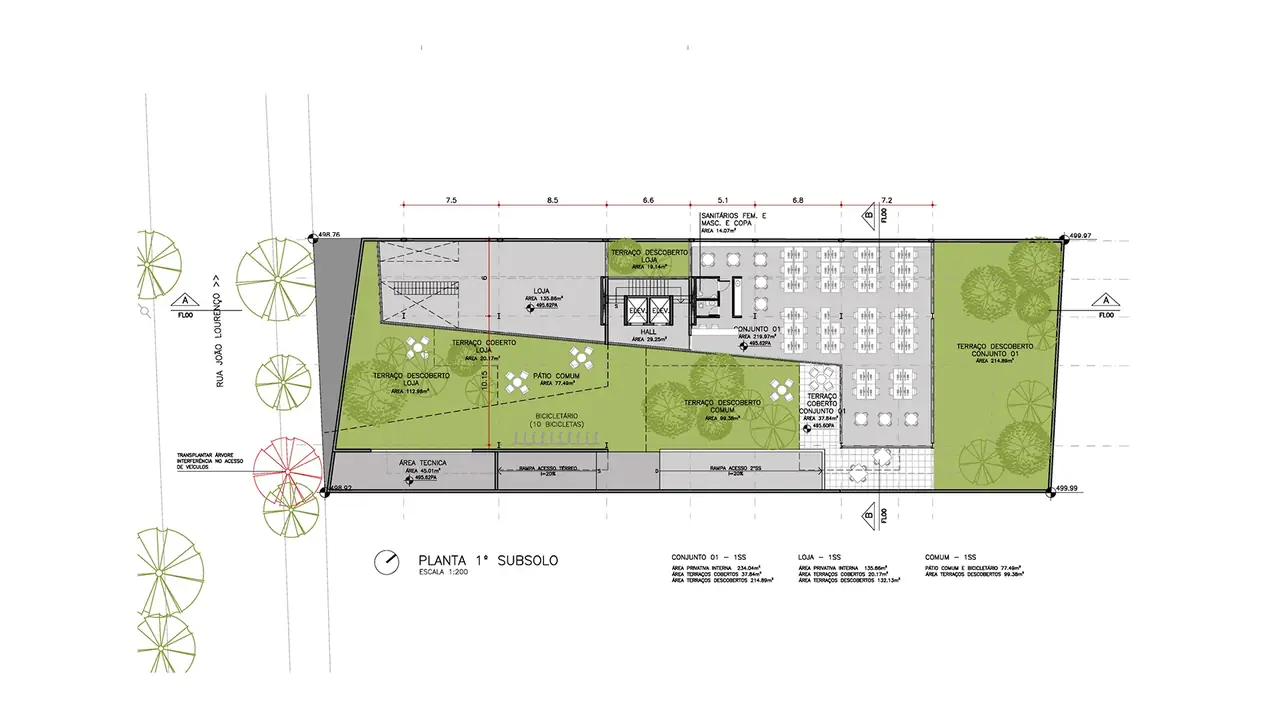 Planta Conjunto 01 (234,04 m²), Loja (135,86 m²) e área comum com pátio e bicicletário · 1º subsolo do Ibira Work