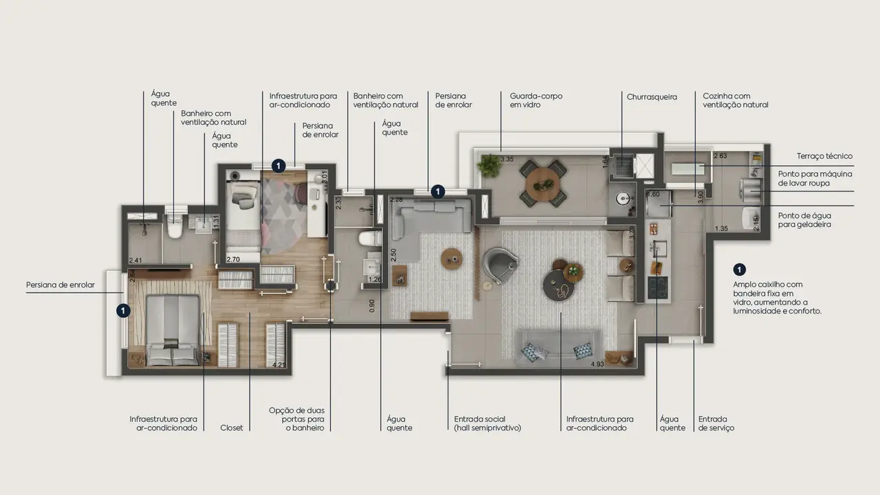 Planta Tipo 81 m² · 2 suítes com living ampliado do Mirart Vila Mariana