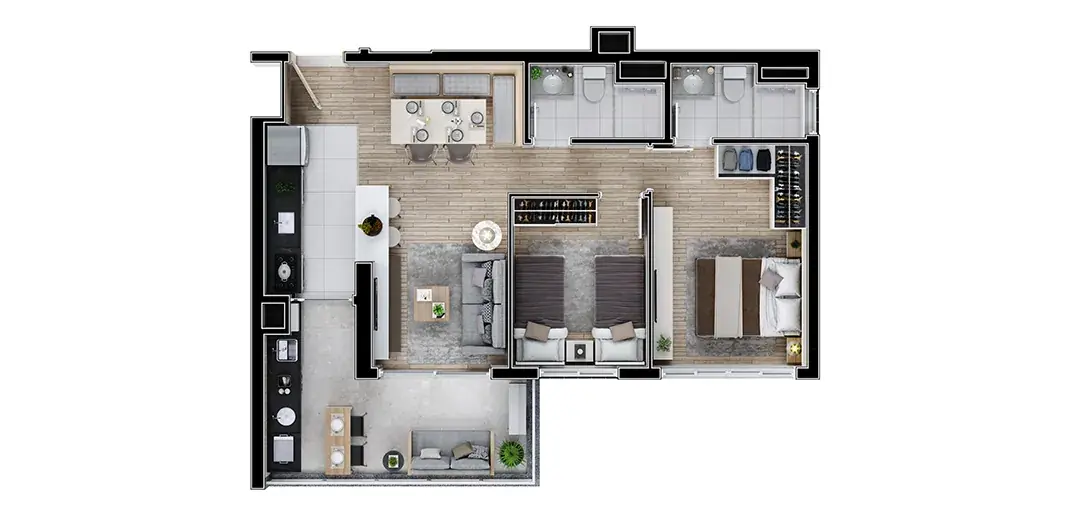 Planta 66 m² · 2 dorms · 1 suíte do Soho Paraíso